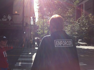 An enforcer ... with a cape