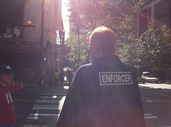 An enforcer ... with a cape